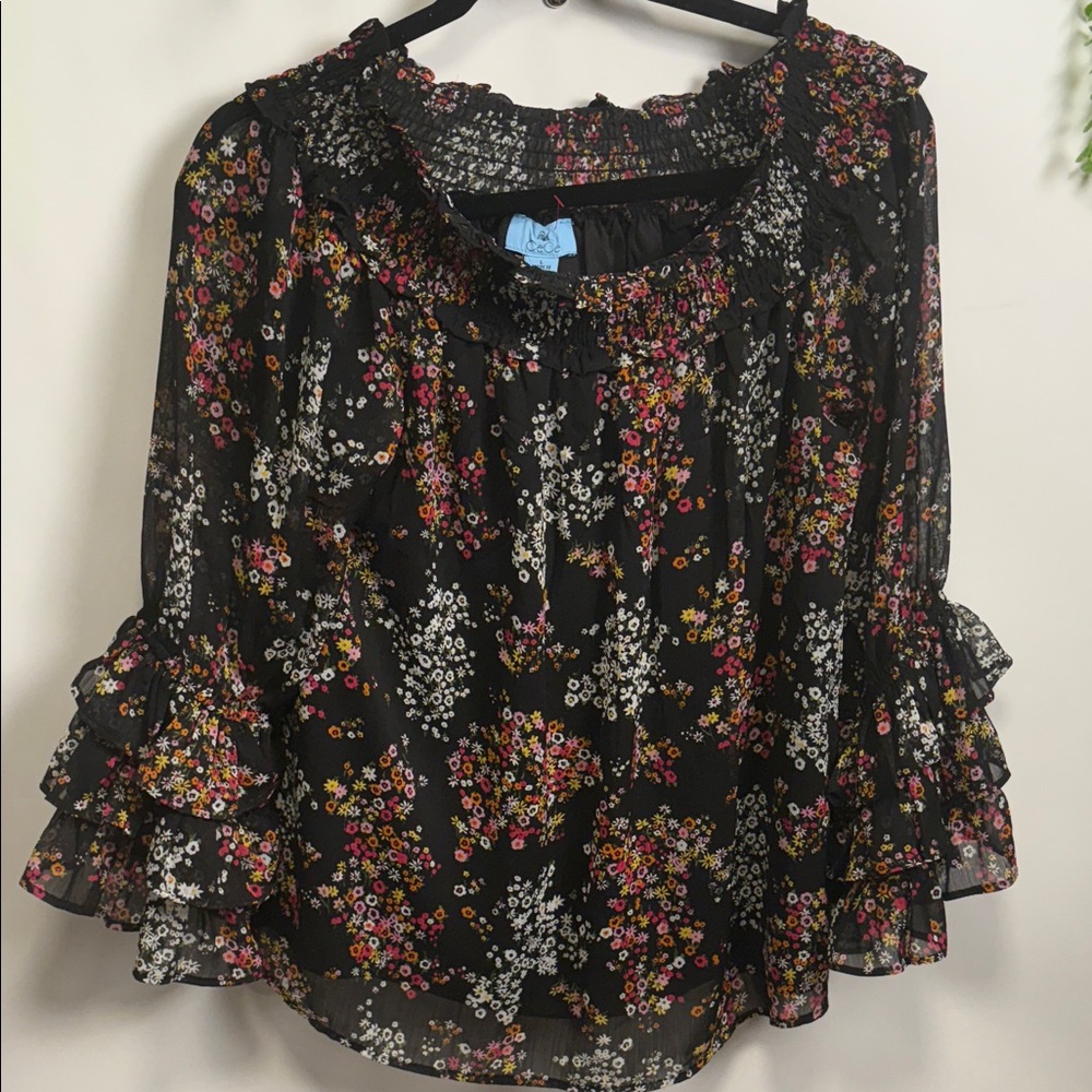 CeCe Black Floral Ruffle Blouse